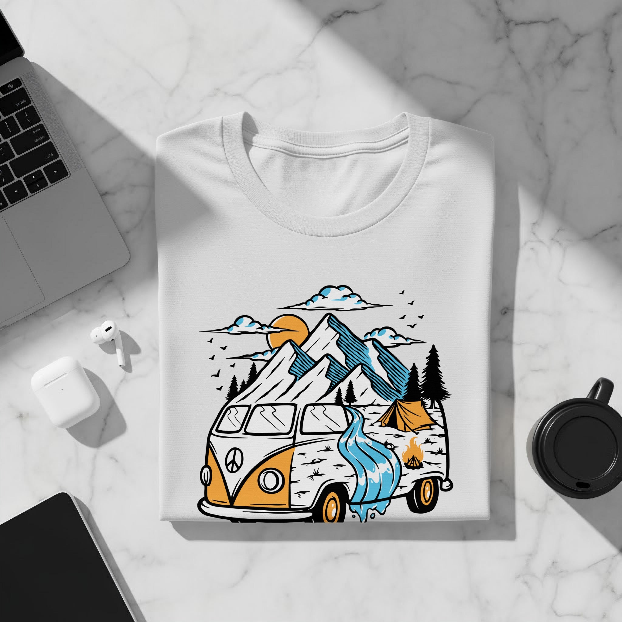 White t-shirt featuring a vintage van with mountains, camping, and a waterfall design.