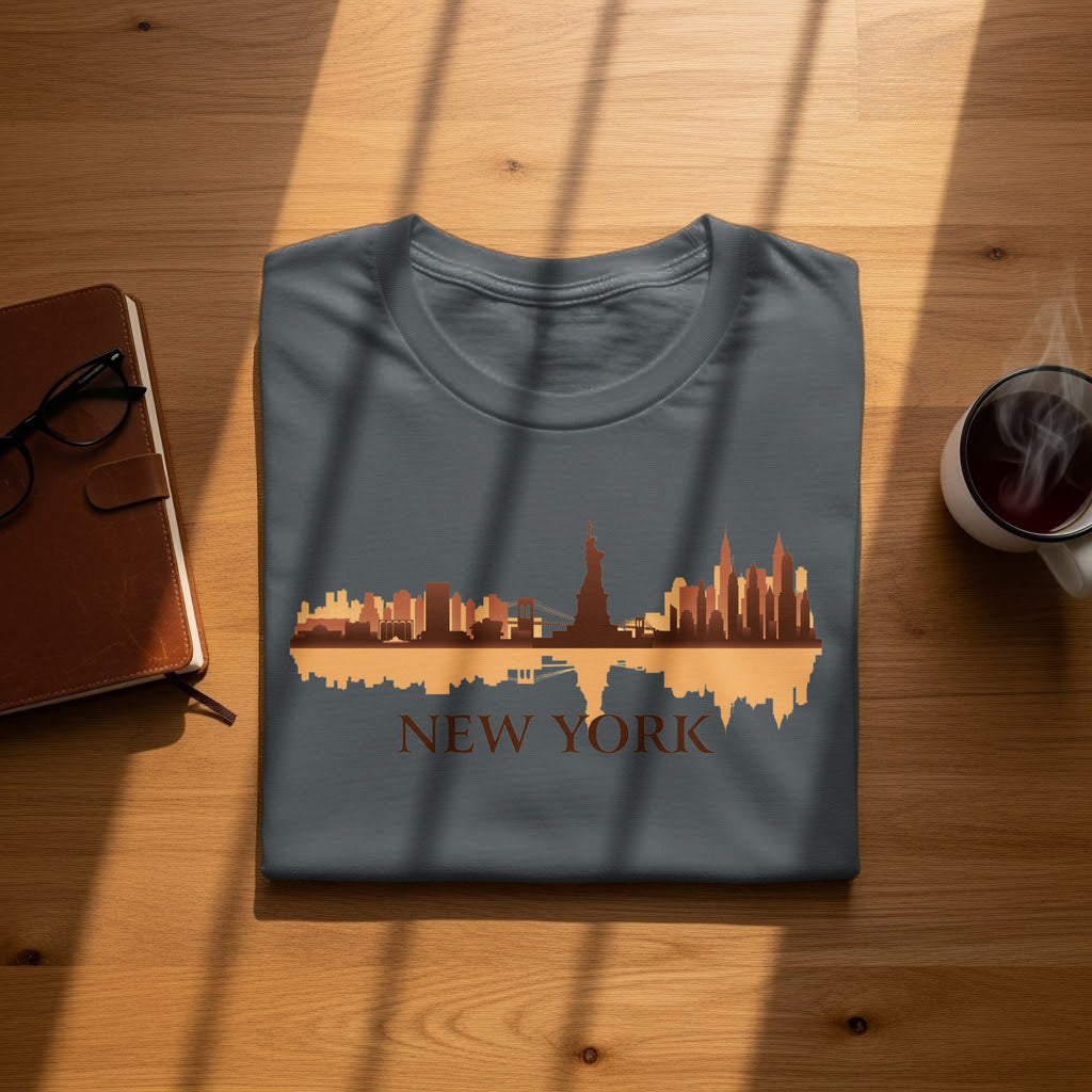 Dark gray t-shirt with a New York City skyline and text.