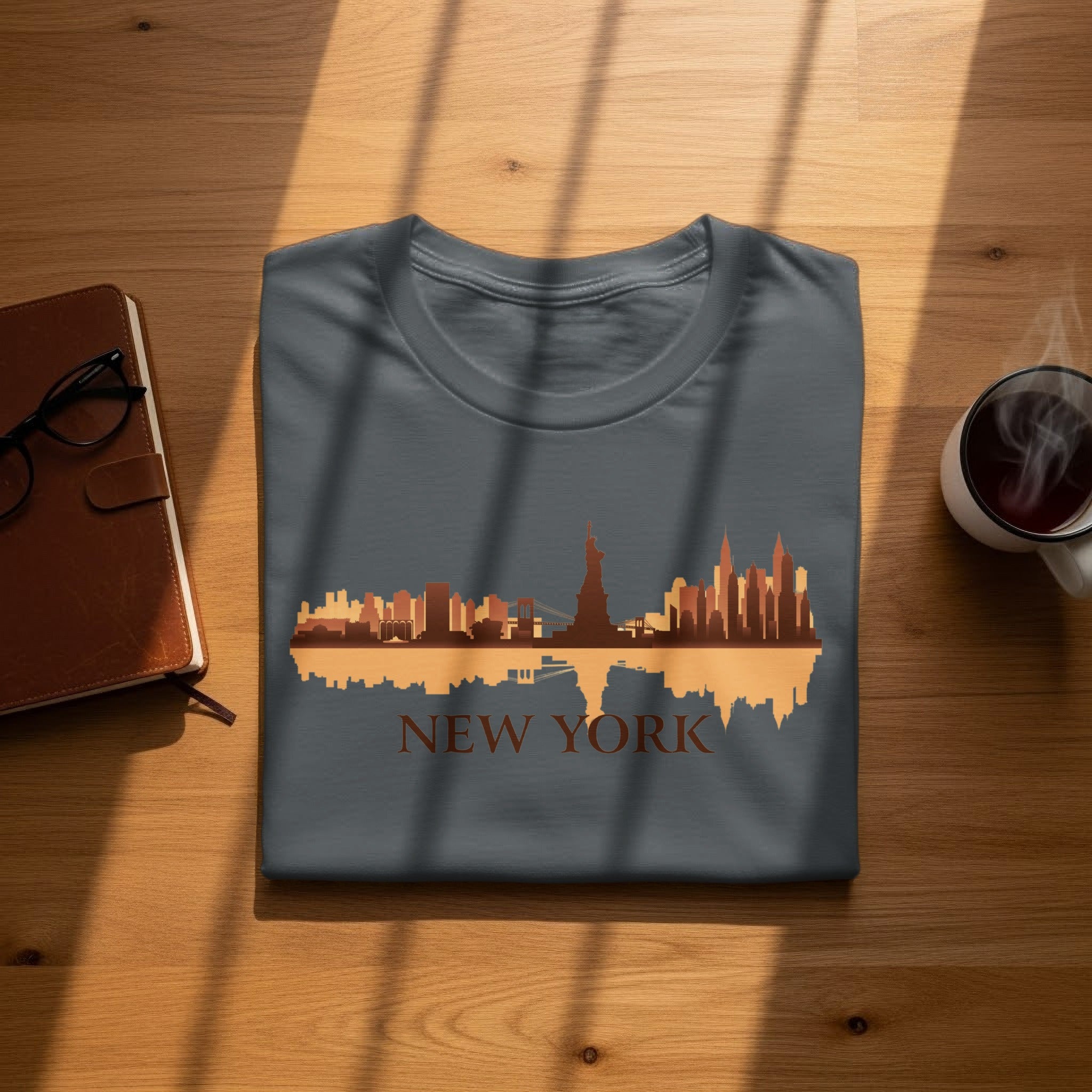 Dark gray t-shirt with a New York City skyline and text.
