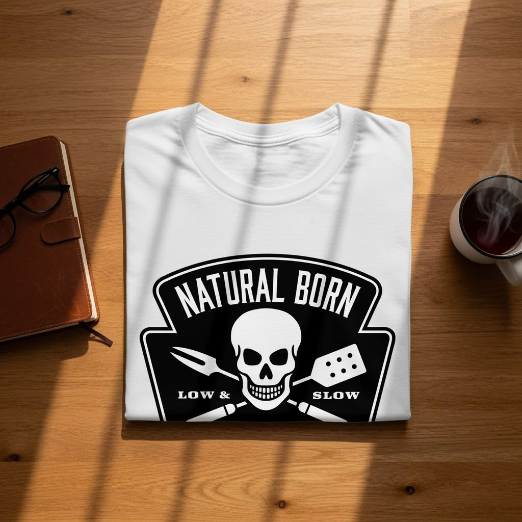White t-shirt with "NATURAL BORN LOW & SLOW" text, skull, and grilling tools graphic.