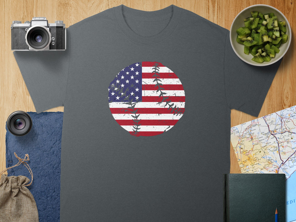 Gray t-shirt with a distressed circular American flag baseball design.