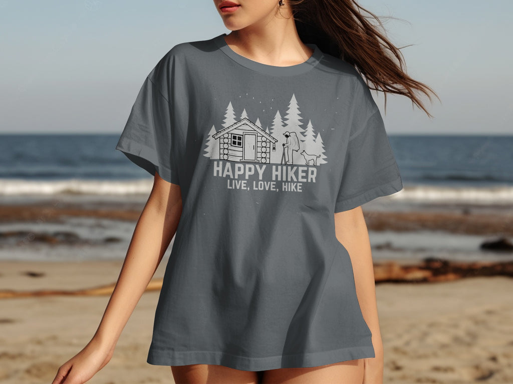 Grey t-shirt with "Happy Hiker Live Love Hike" text and forest cabin graphic.