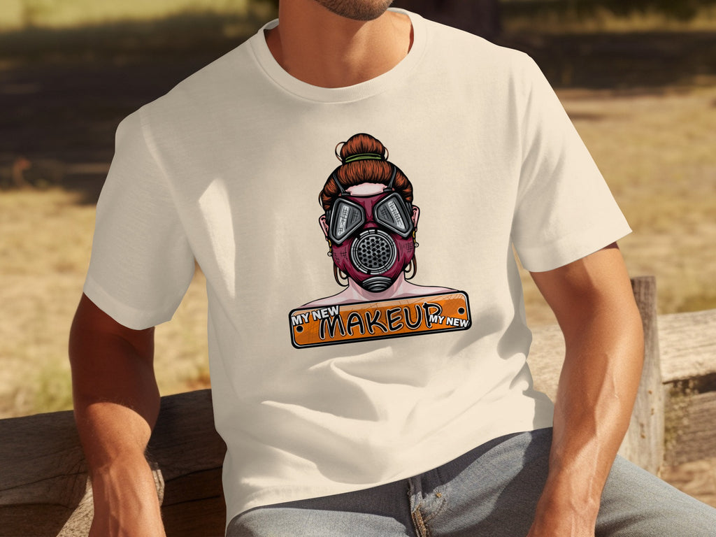 T-shirt with graphic of person wearing gas mask and text "MY NEW MAKEUP".