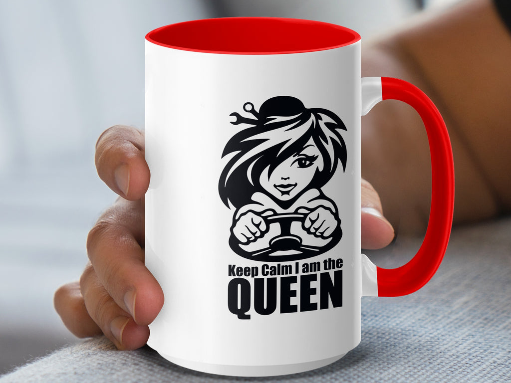 White mug with red interior and handle, featuring "Keep Calm I am the QUEEN" text and graphic.