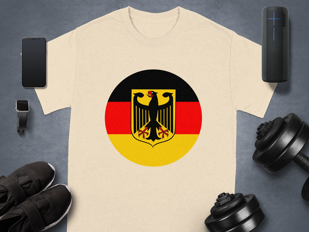 Cream t-shirt with German flag emblem and fitness accessories.