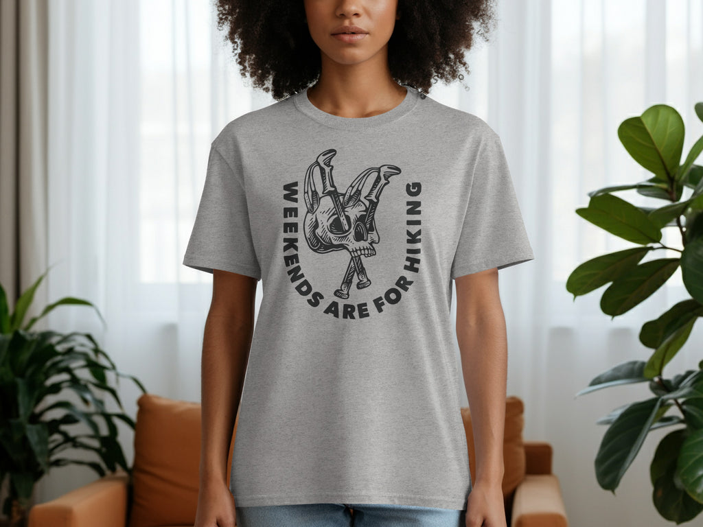 Grey t-shirt with circle graphic and text: "Weekends are for hiking"