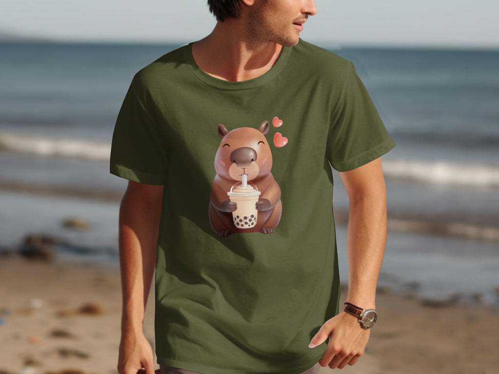 Capybara with bubble tea and hearts on a green t-shirt, beach background