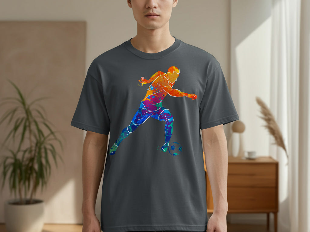 Dark grey t-shirt with a vibrant, abstract watercolor soccer player design.