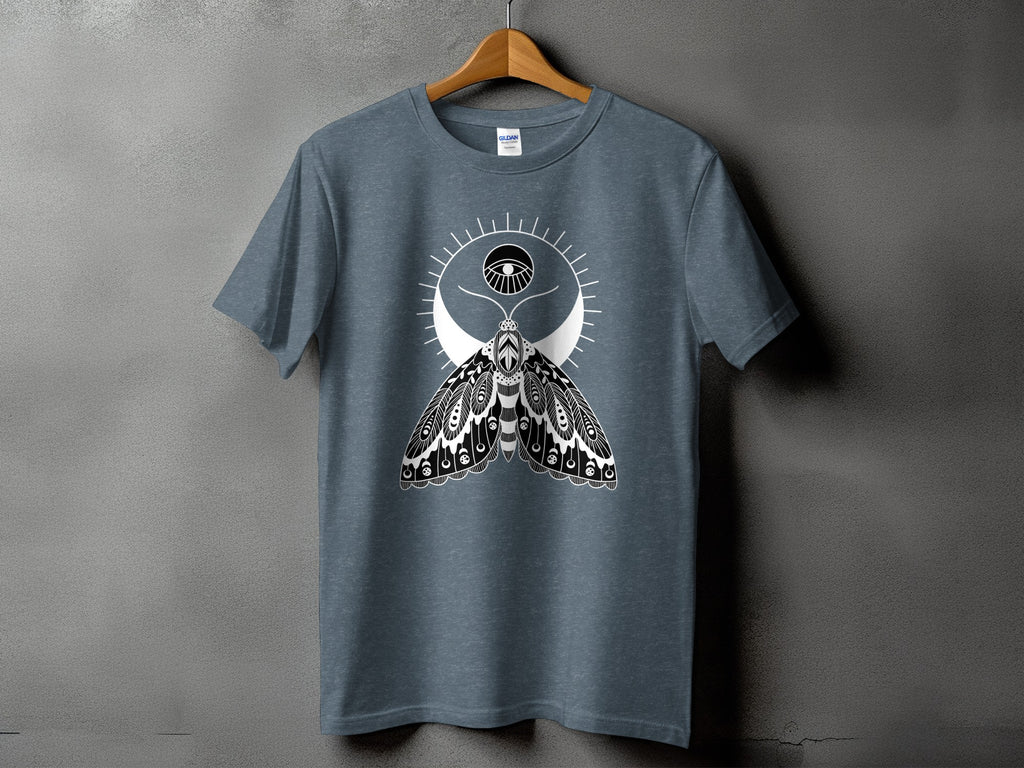 Dark grey t-shirt with black and white moth and eye graphic.