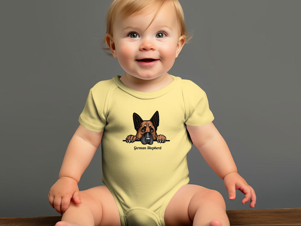 Baby wearing a yellow onesie with a German Shepherd graphic and text.
