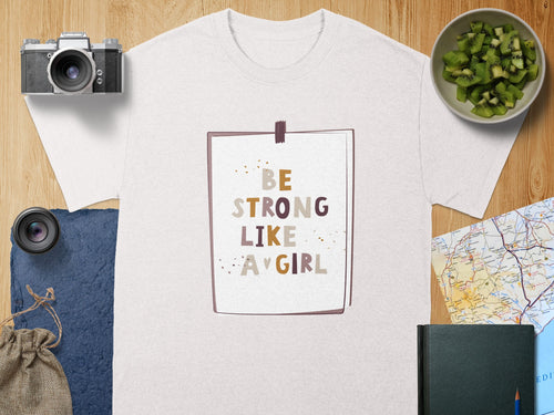 White sweatshirt with graphic text "Be Strong Like A Girl".