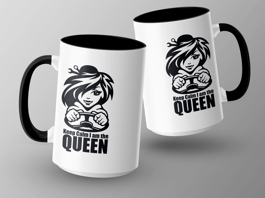 Two white mugs with black handles and interiors, featuring a graphic of a woman driving a car.