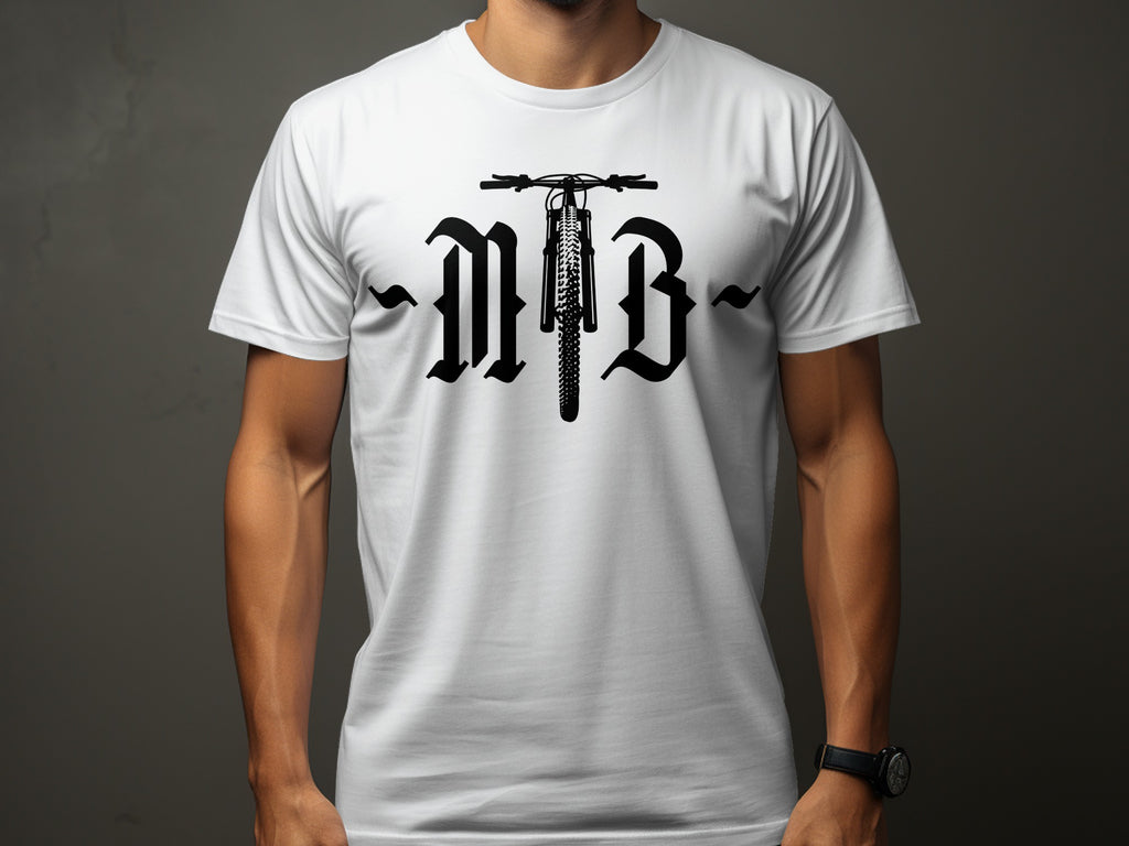 White t-shirt with black "NB" logo and bicycle front wheel graphic.