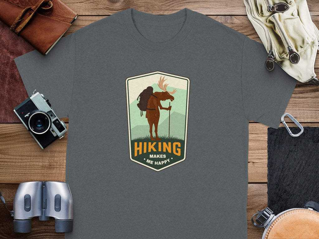T-shirt with a moose hiking graphic that says "Hiking Makes Me Happy."