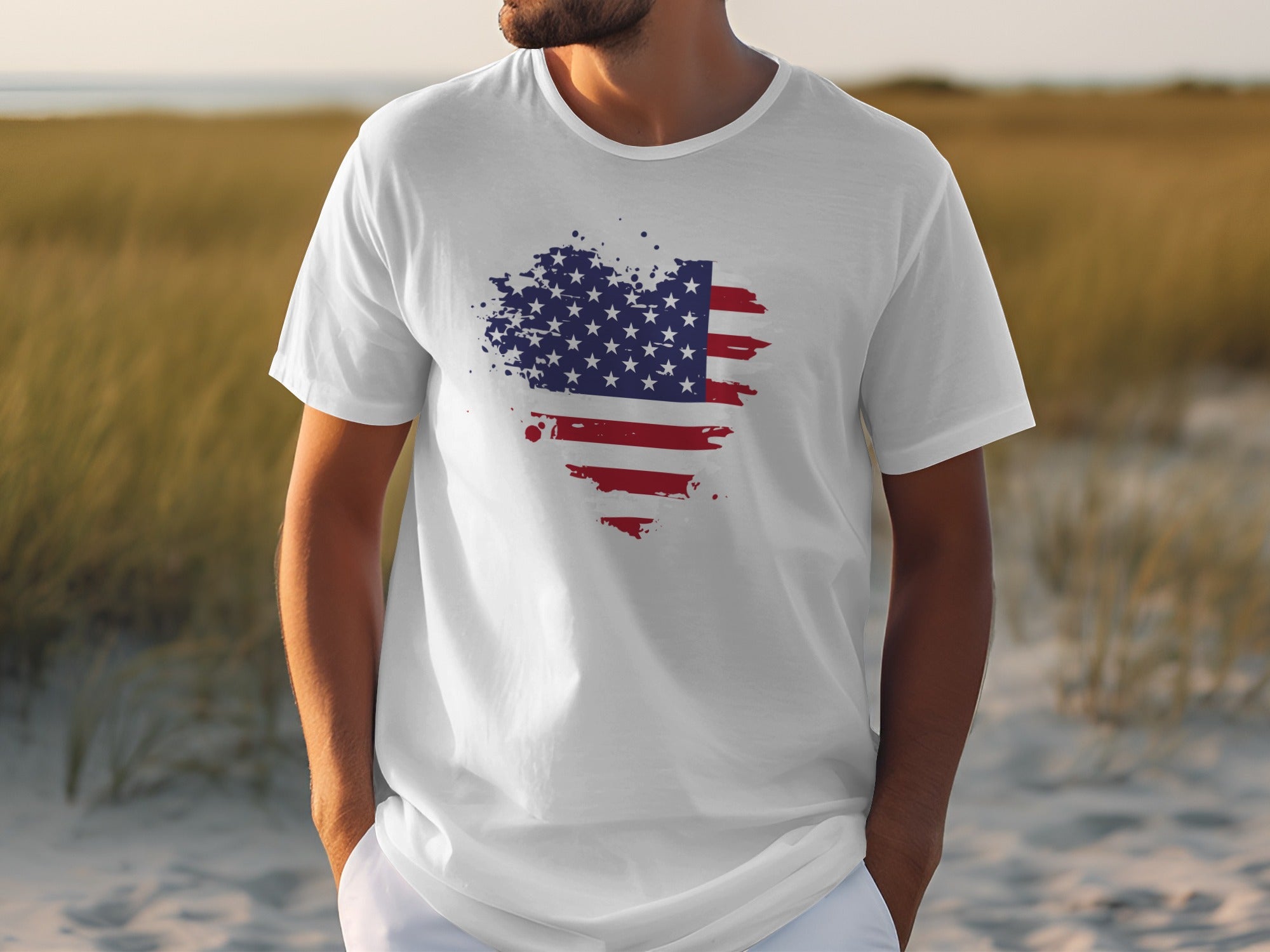 White t-shirt with a distressed American flag graphic on the chest.