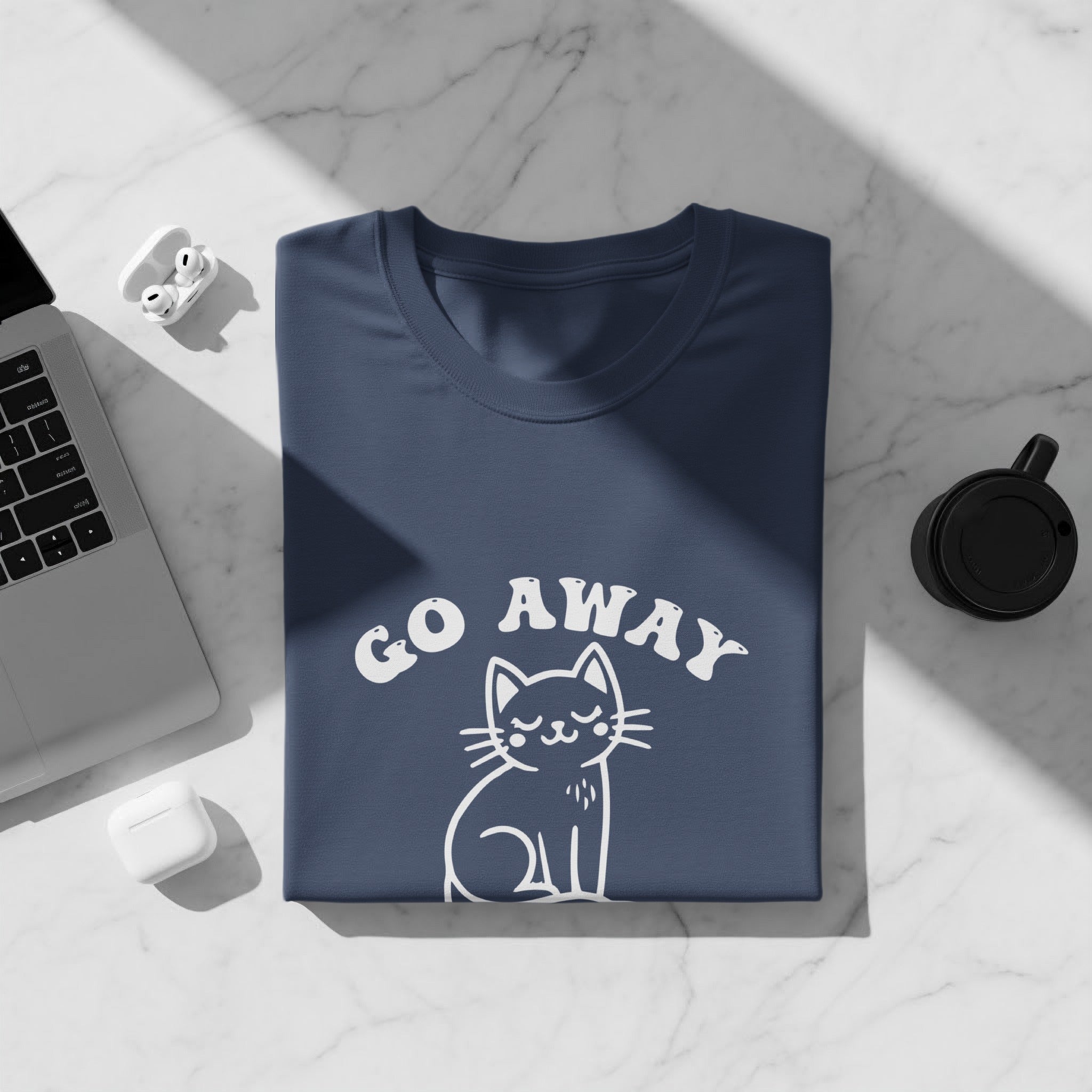 Dark blue t-shirt with white text "GO AWAY" above a white cat graphic.