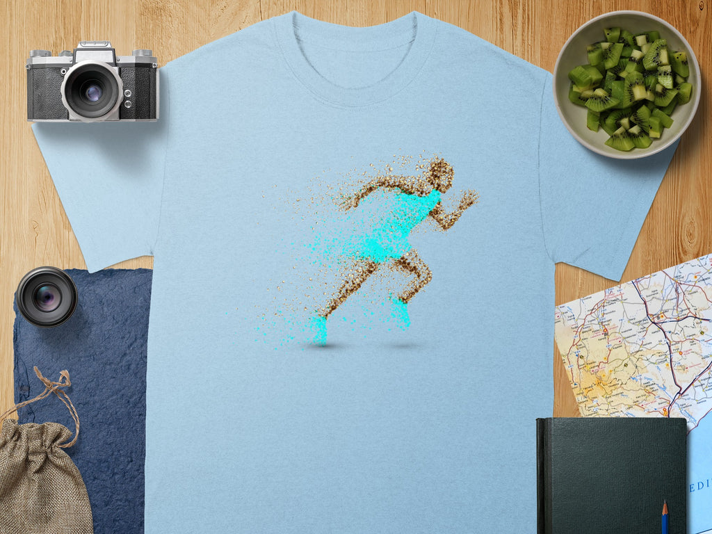 Light blue t-shirt with a dissolving runner graphic.