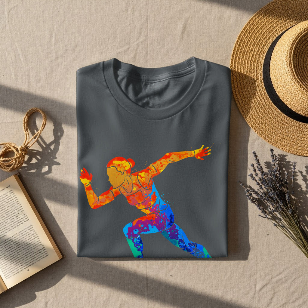Dark grey t-shirt with abstract runner graphic in vibrant watercolor splashes.