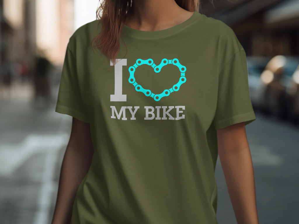 Green t-shirt with "I ❤️ MY BIKE" text and bicycle chain heart.