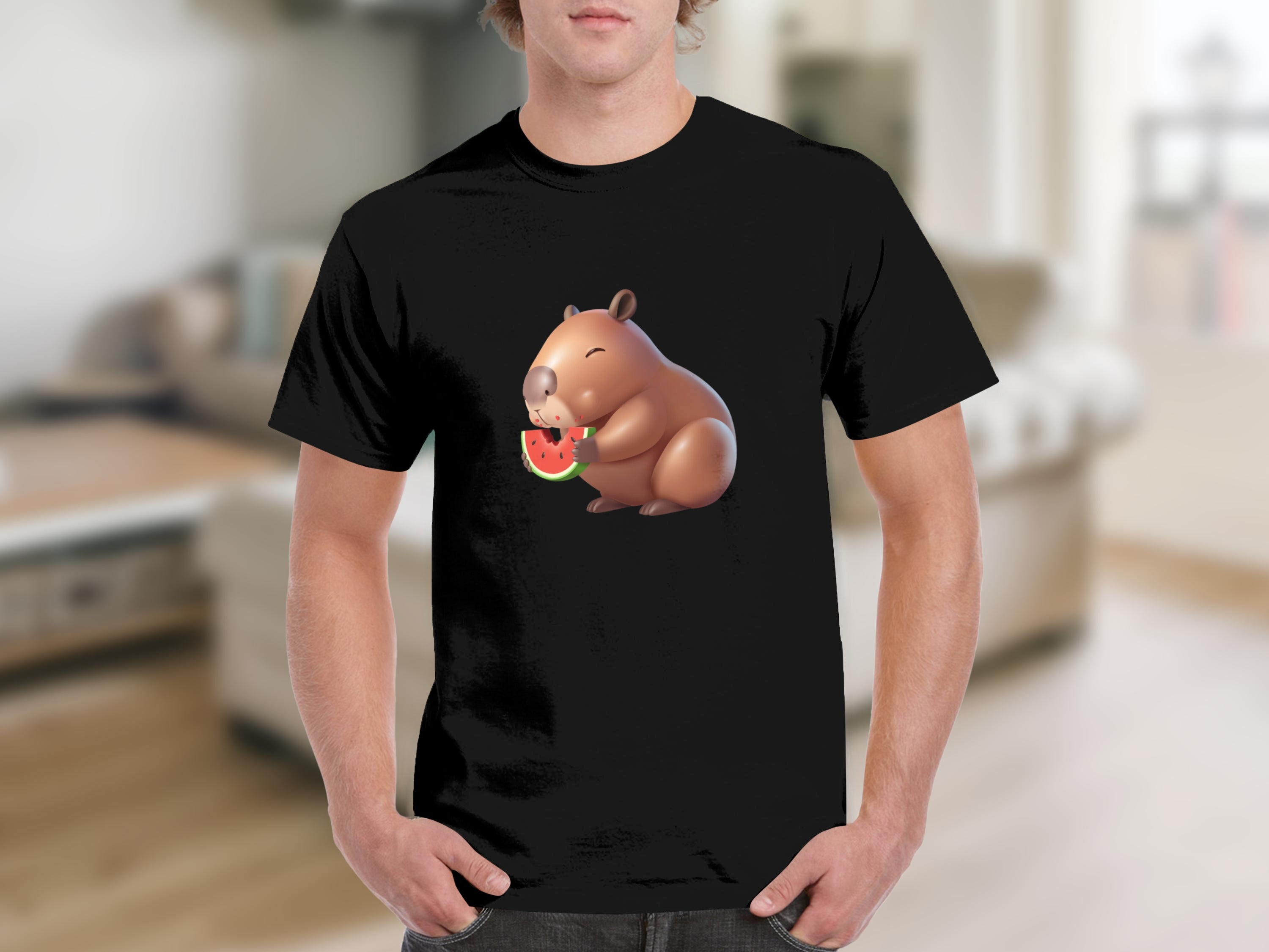 A cartoon capybara eats a slice of watermelon on a black t-shirt.