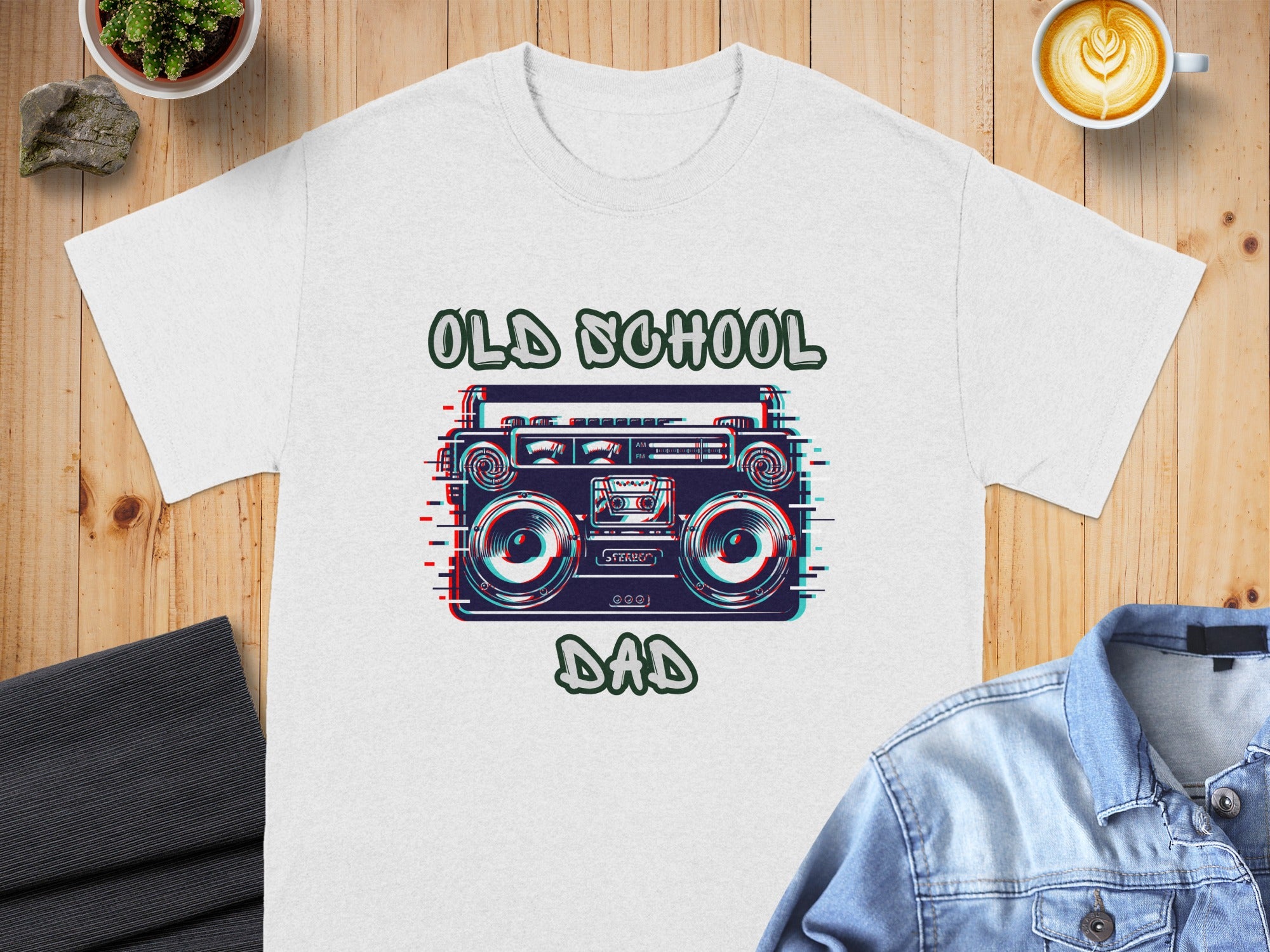 White t-shirt with glitch-effect boombox graphic and "OLD SCHOOL DAD" text.