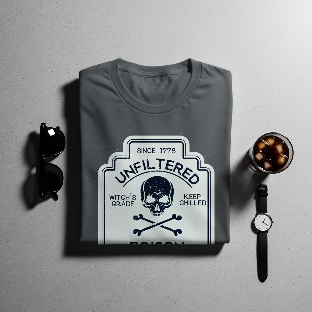 Grey t-shirt with an "Unfiltered" label featuring a skull and crossbones.