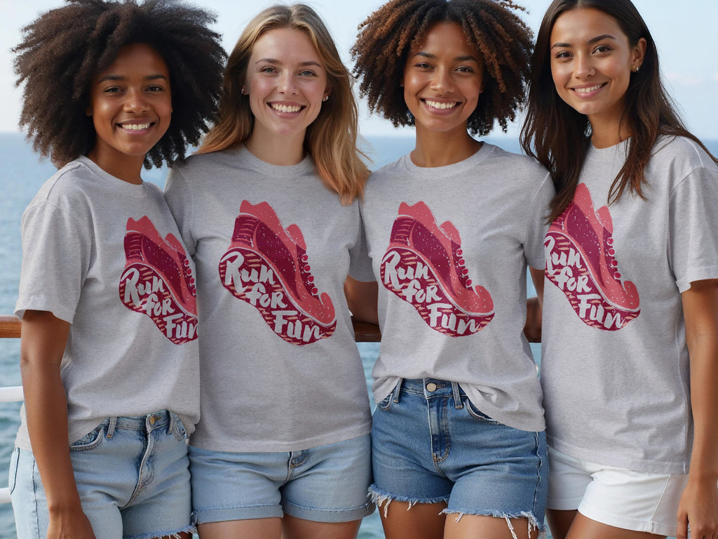 Four smiling women wear gray t-shirts with a pink shoe graphic saying "Run for Fun".