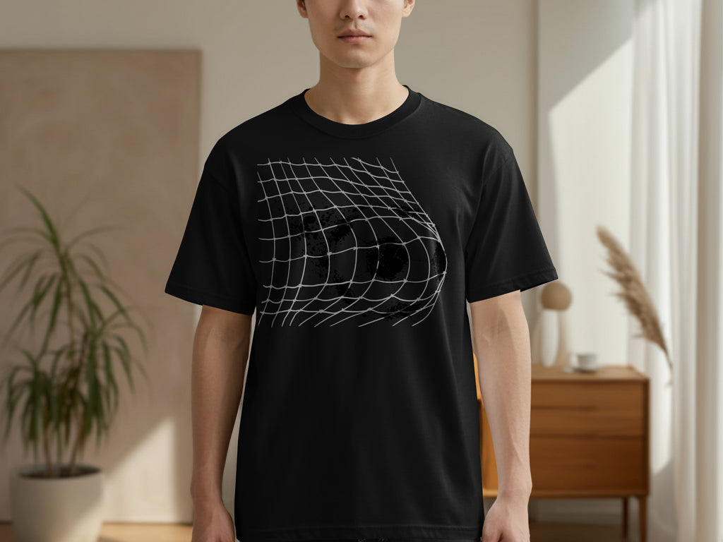 Black t-shirt with a distorted grid and black sphere graphic.