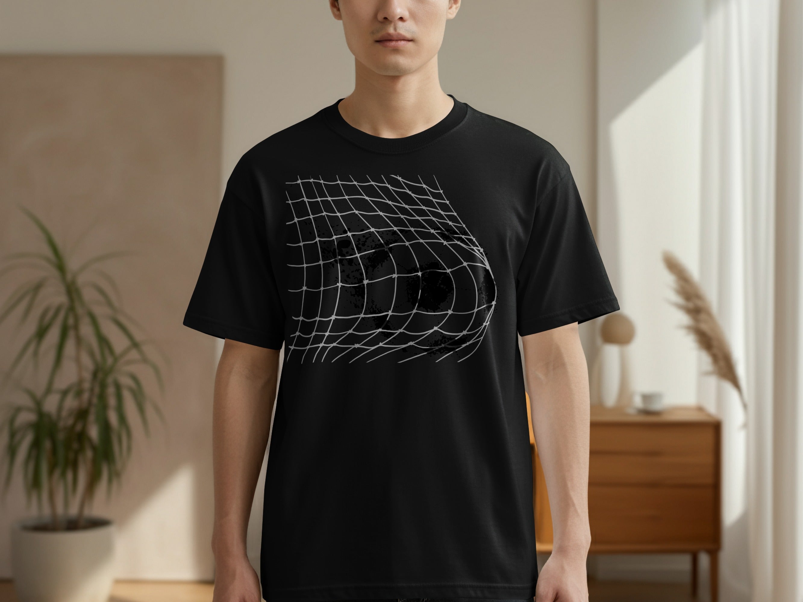 Black t-shirt with a distorted grid and black sphere graphic.