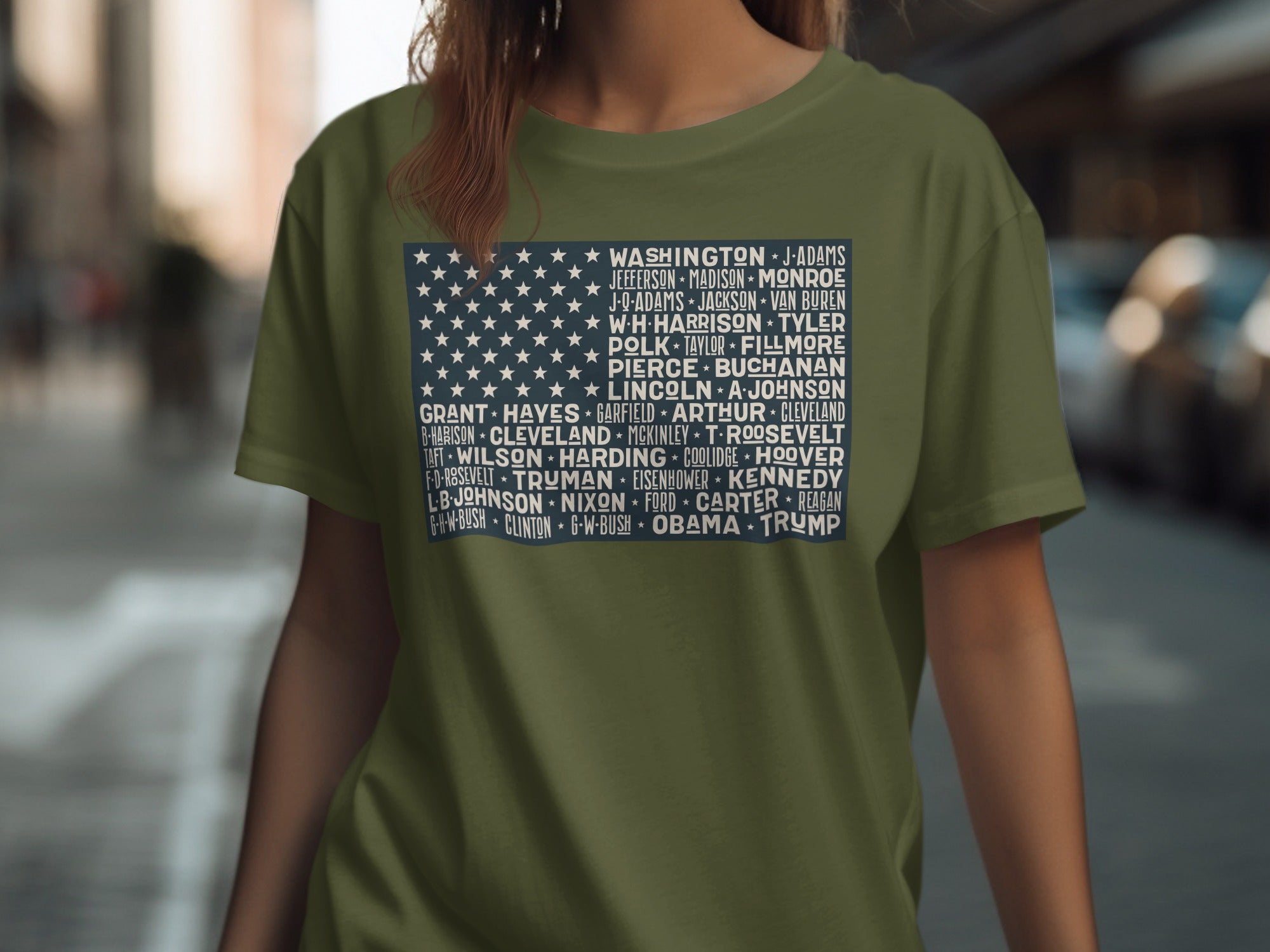 Green t-shirt with a Navy blue US flag design listing US Presidents.
