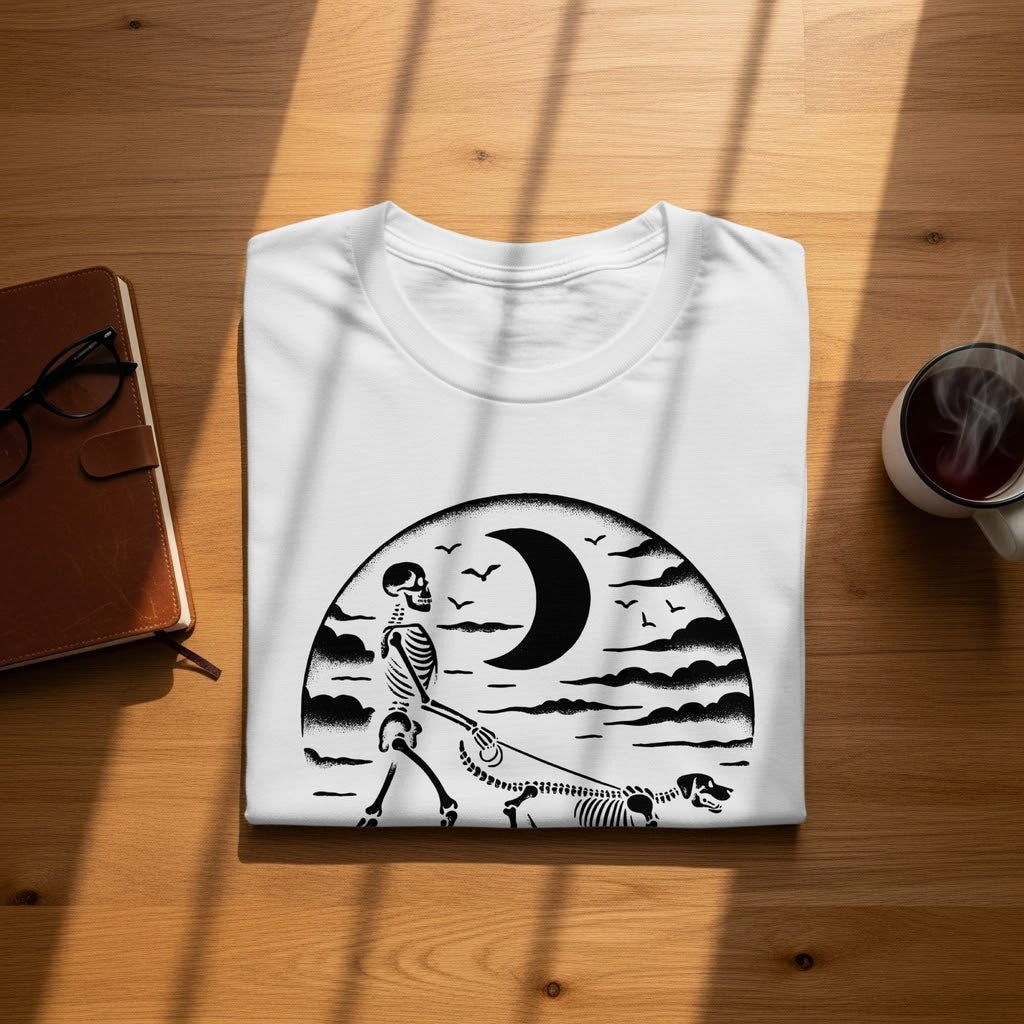White t-shirt with a black graphic of a skeleton walking a skeleton dog under a crescent moon.