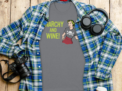 Grey t-shirt with "Anarchy and Wine!" text and a skull graphic.