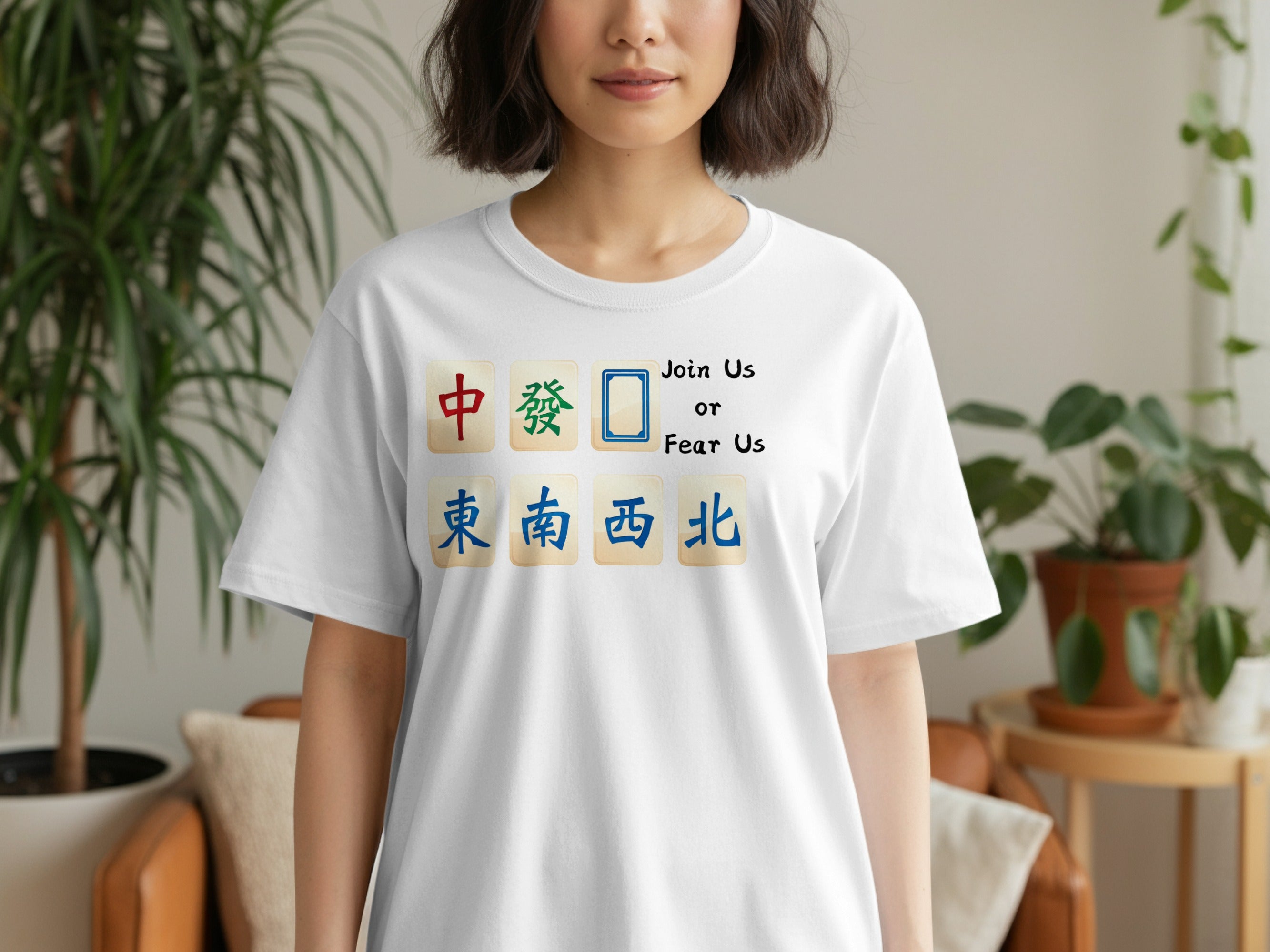 White t-shirt with Mahjong tiles and the text "Join Us or Fear Us".