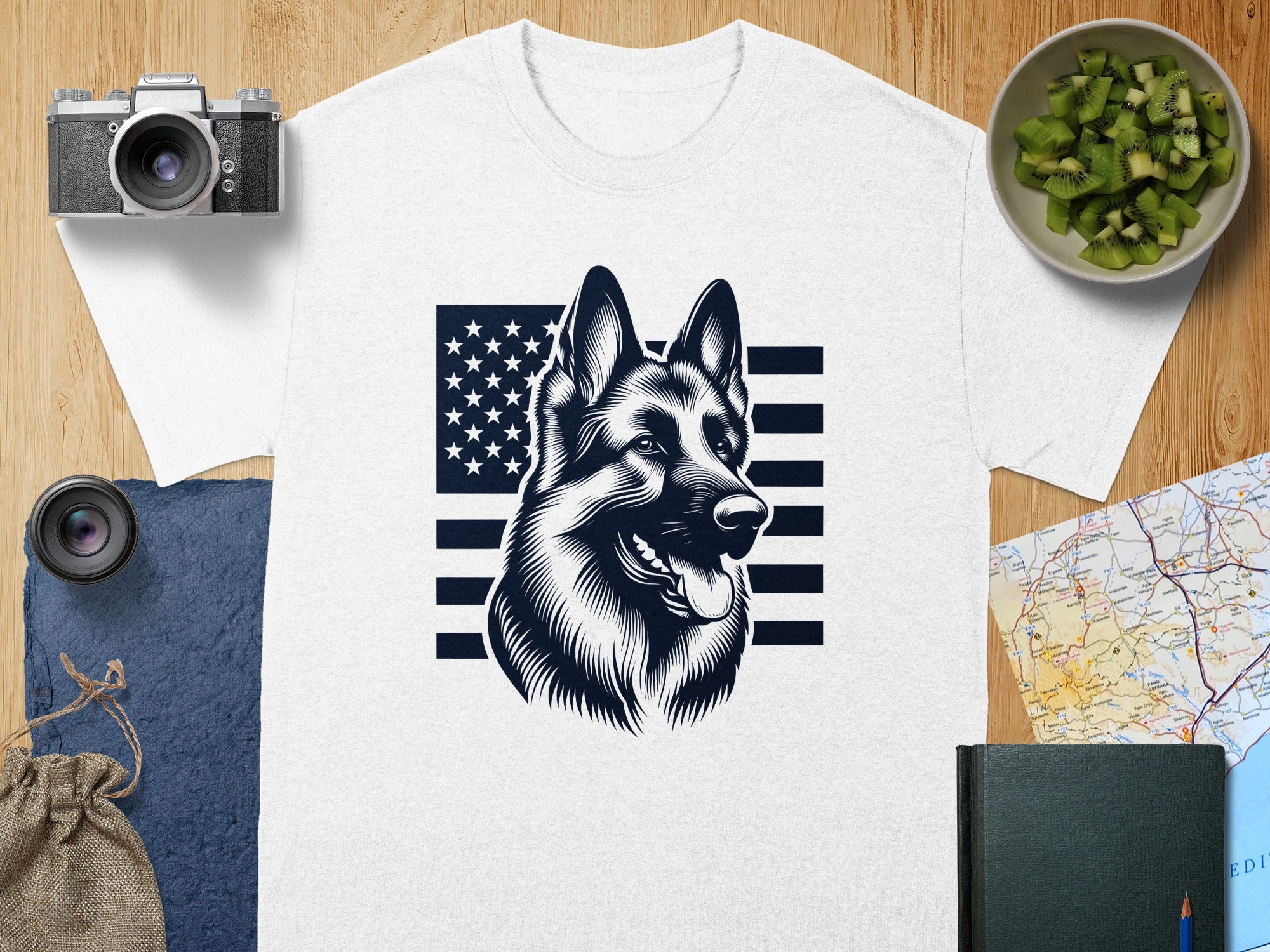 White t-shirt with a German Shepherd head superimposed over an American flag graphic.