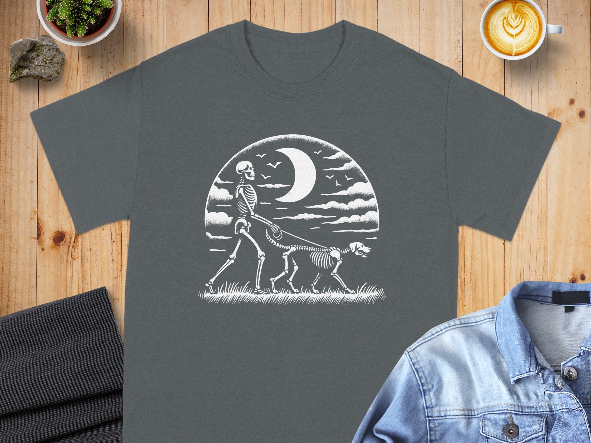 Skeleton walking dog under moon with clouds and birds.