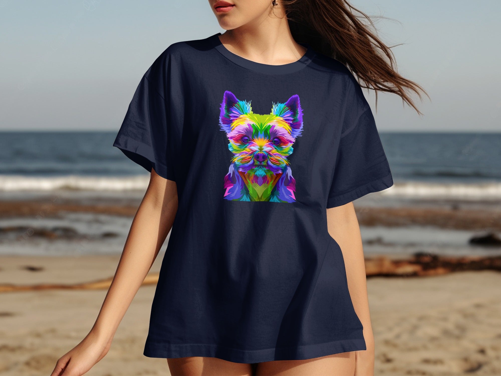 Navy t-shirt with colorful abstract dog graphic on front
