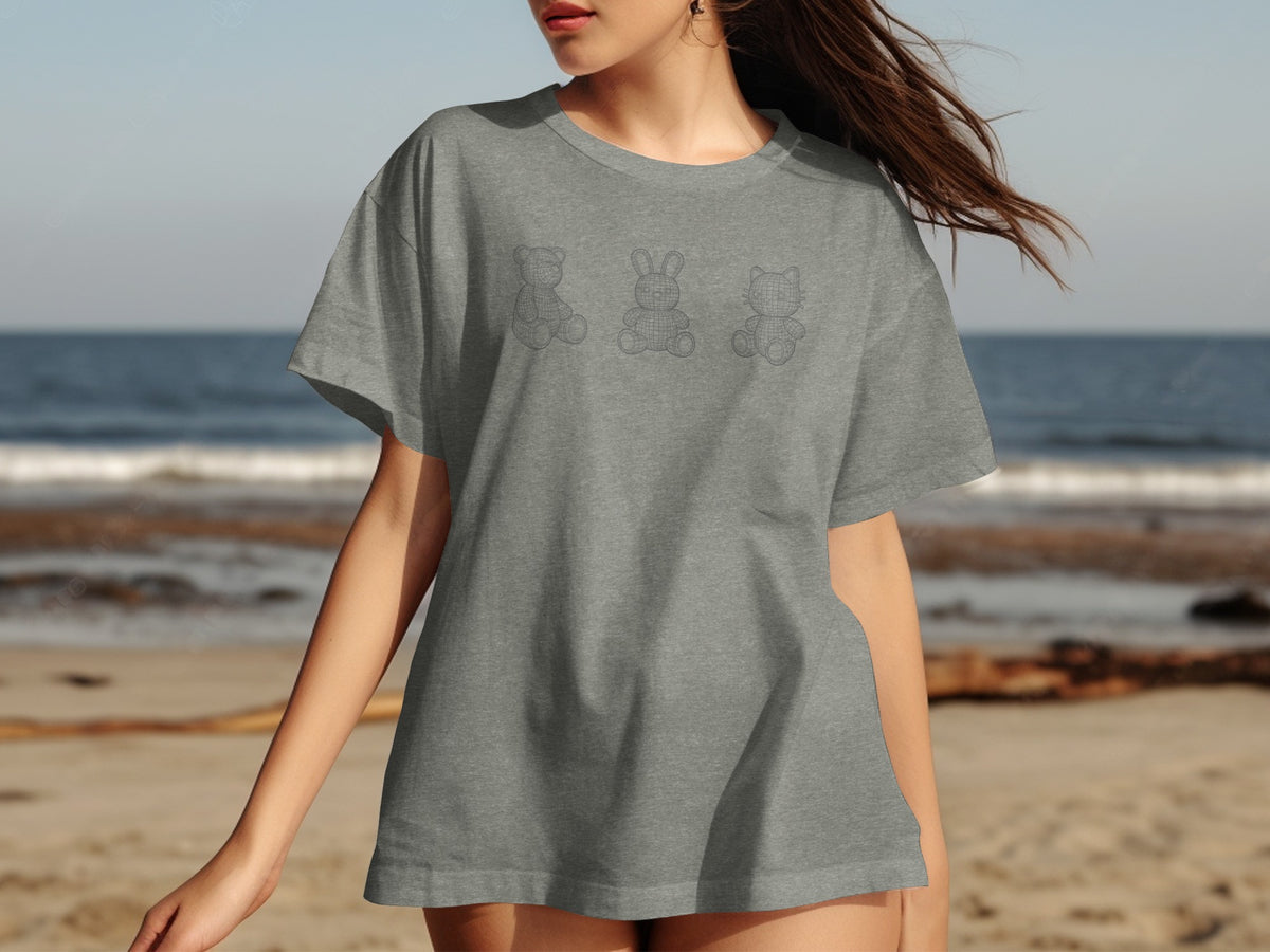 Grey t-shirt with three wireframe animals: bear, rabbit, and cat.