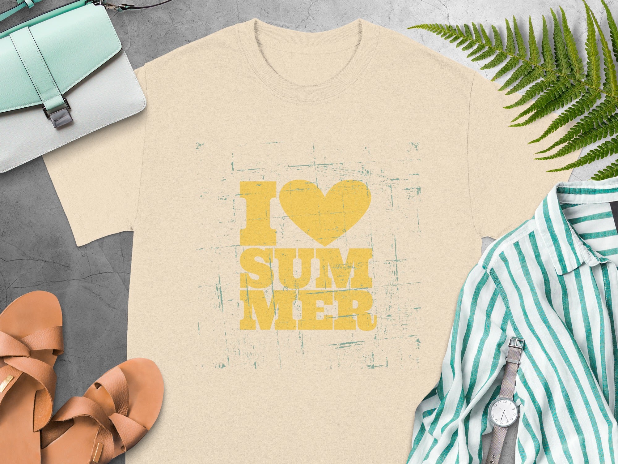 Light tan t-shirt with yellow "I LOVE SUMMER" graphic and distressed texture.