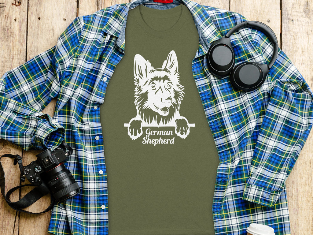 Olive green t-shirt with a white German Shepherd graphic and text.