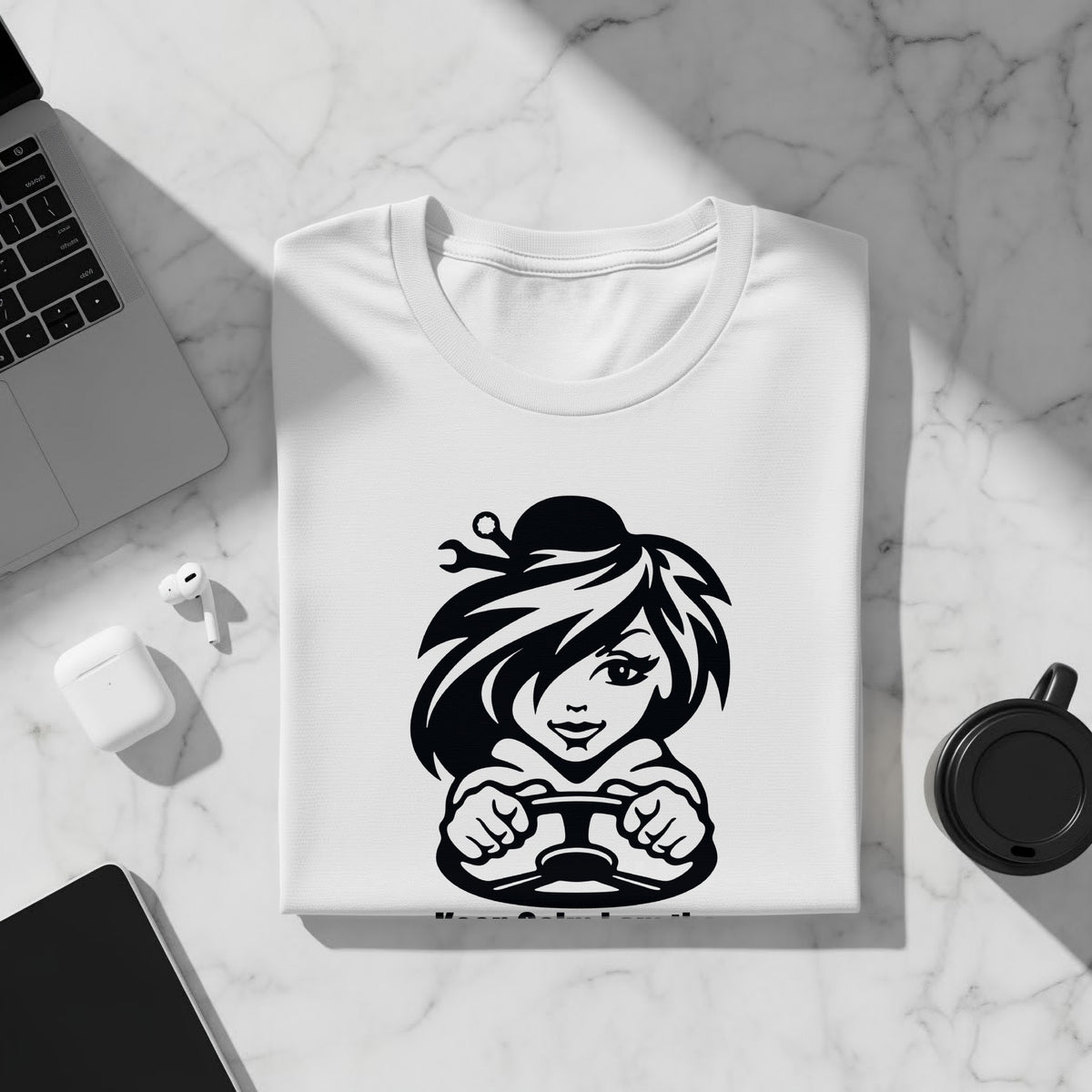 White t-shirt with black graphic of a woman driving, holding a steering wheel.
