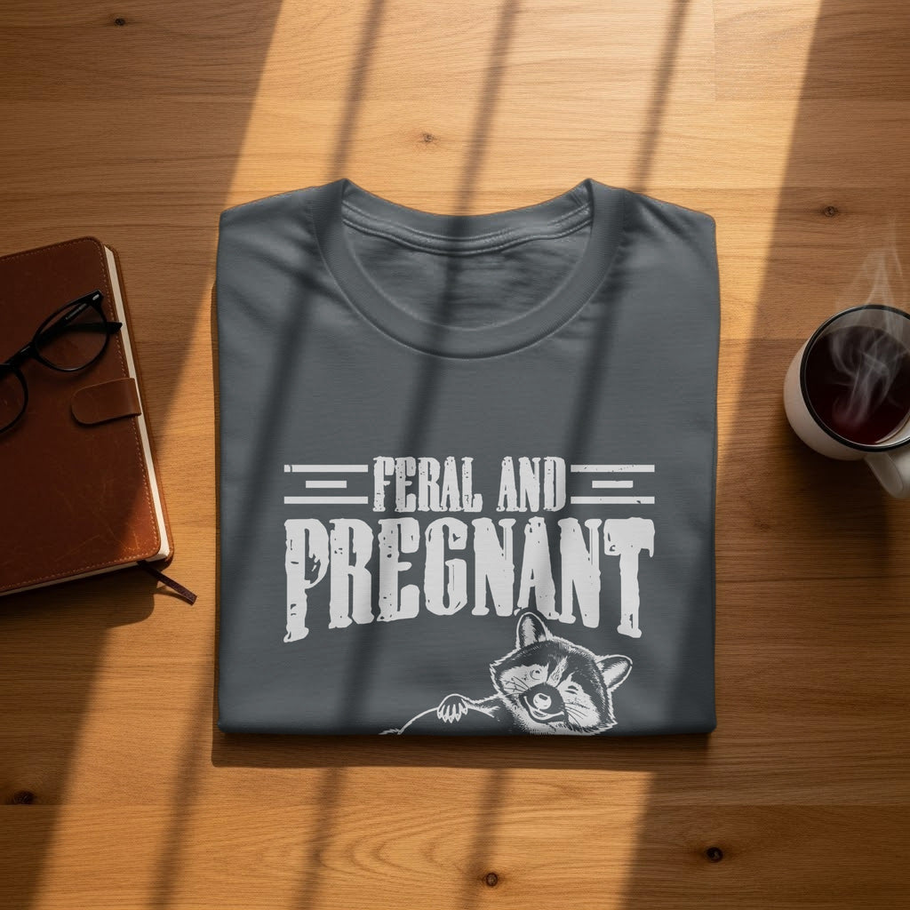 Dark grey t-shirt with "FERAL AND PREGNANT" text and a raccoon graphic.