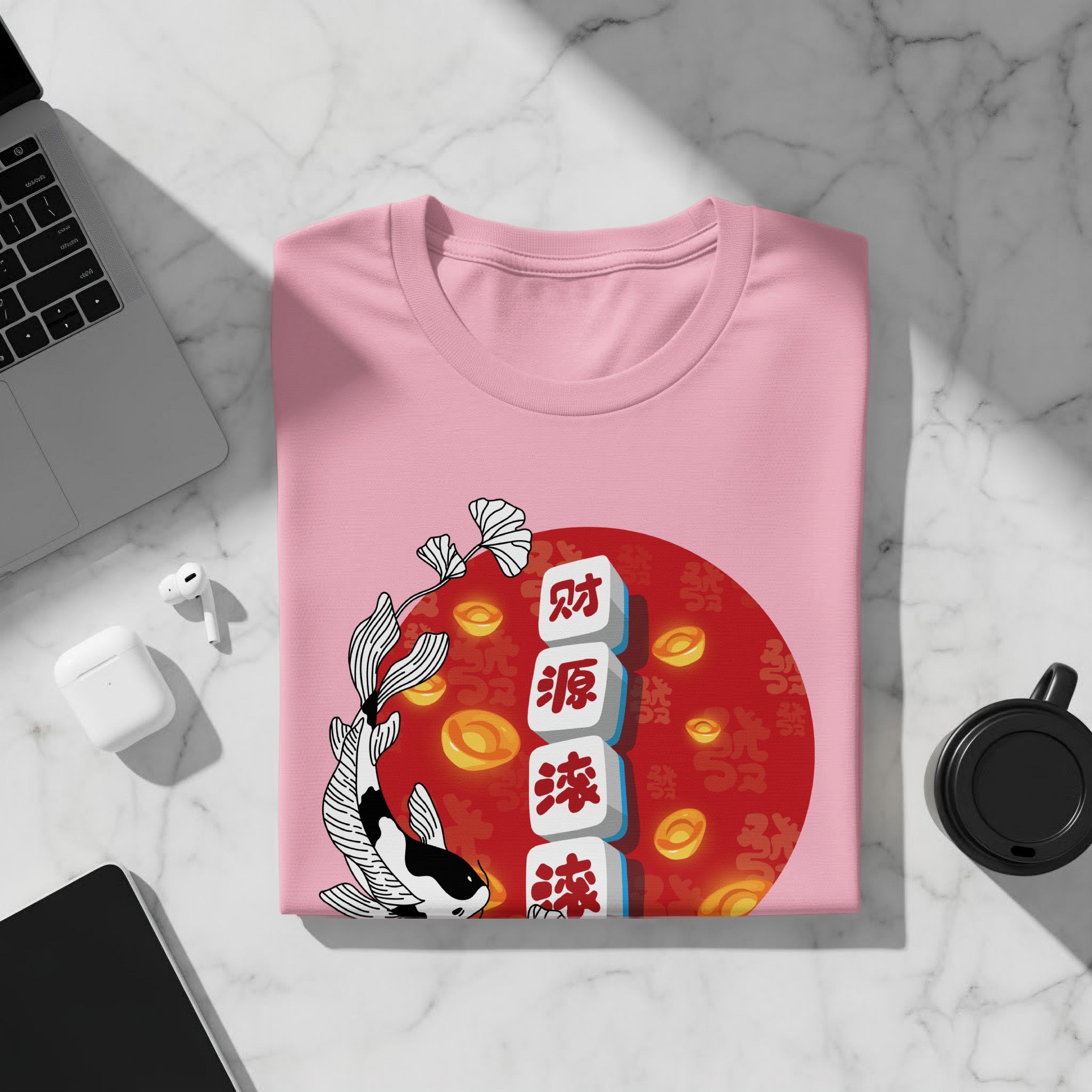 Pink t-shirt with koi fish, gold coins, and Chinese characters "財源滾滾".