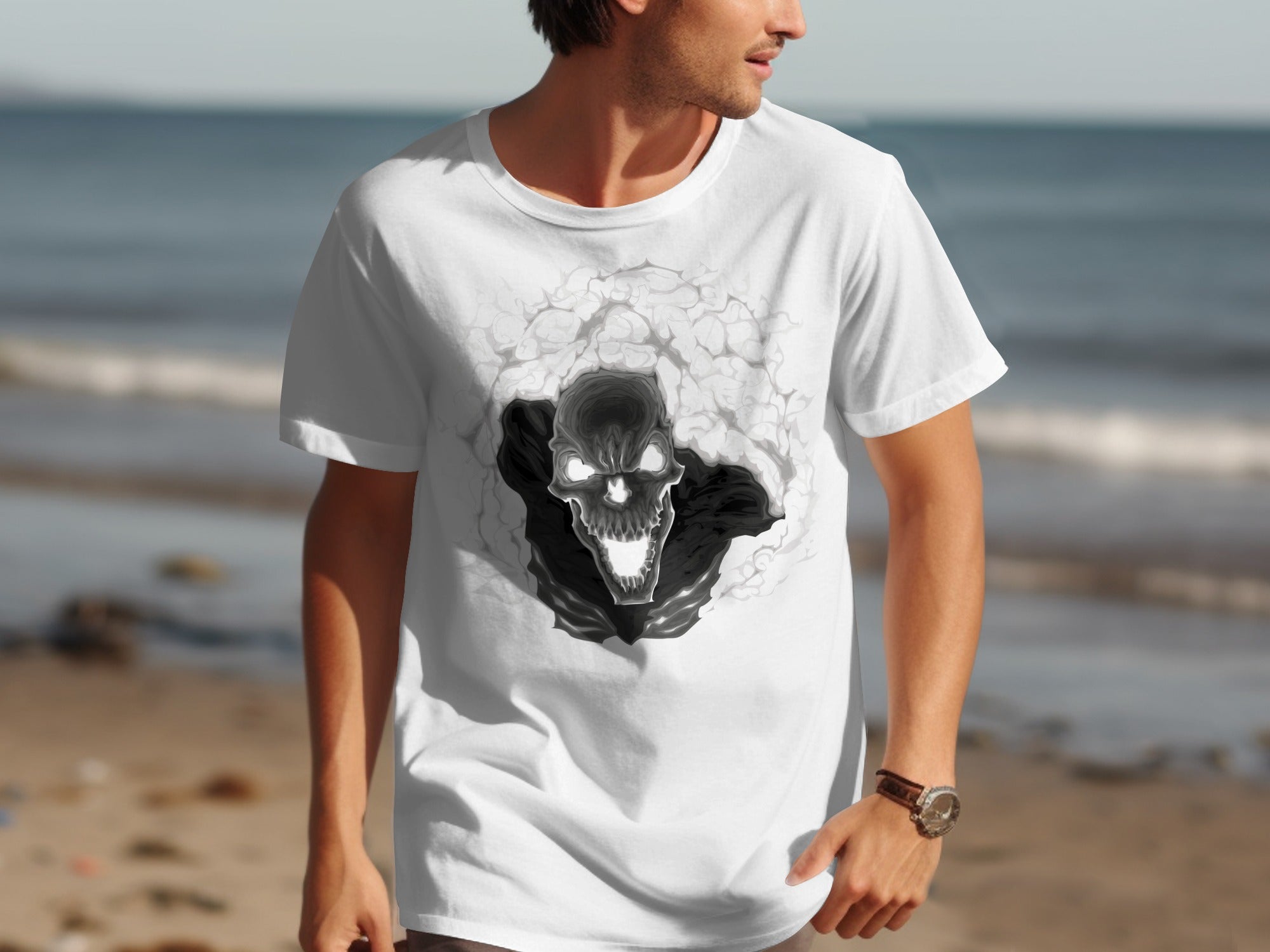 White t-shirt with a monochrome skull bursting from smoke graphic on chest.