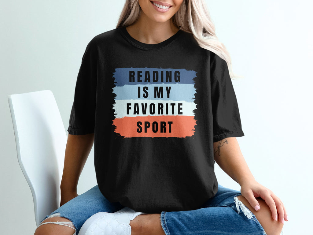 Black t-shirt with distressed stripes and text "READING IS MY FAVORITE SPORT".