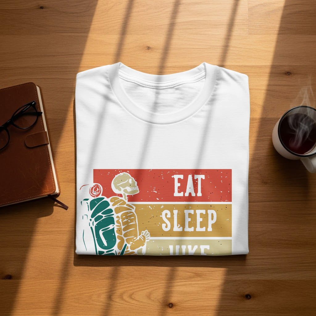 White t-shirt with skeleton graphic and text "EAT SLEEP HIKE."