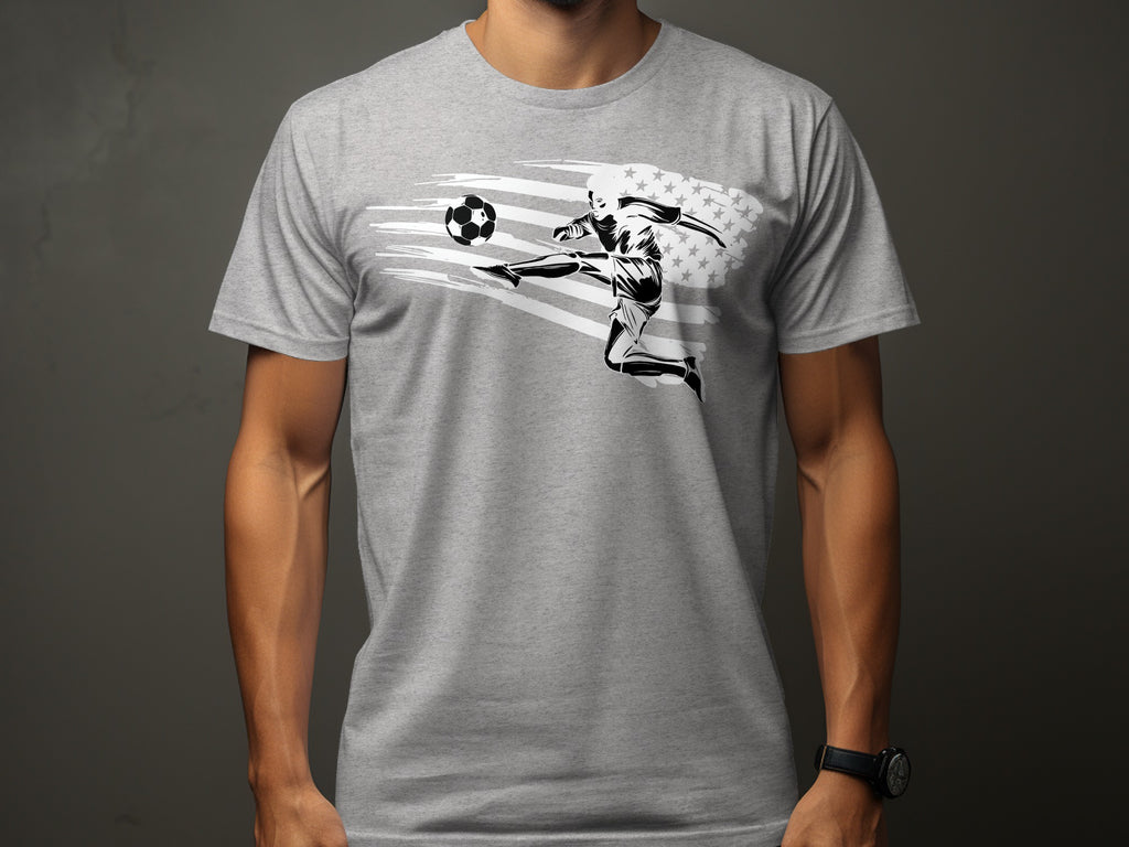 Black and white graphic of a soccer player kicking a ball with an American flag design.