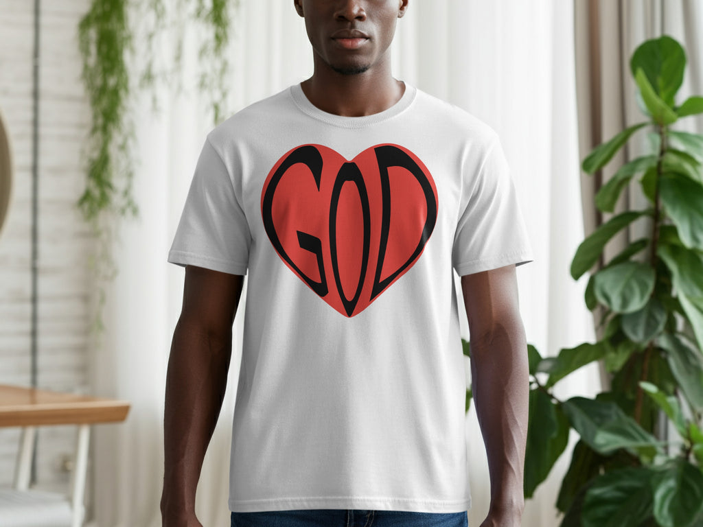 White t-shirt with a red heart graphic containing the word "GOD" in black letters.