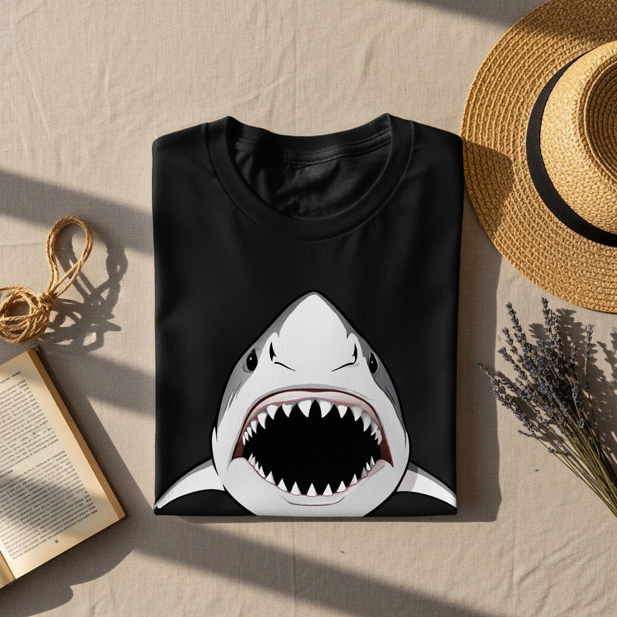 Black t-shirt with a graphic of a shark's open mouth and teeth.