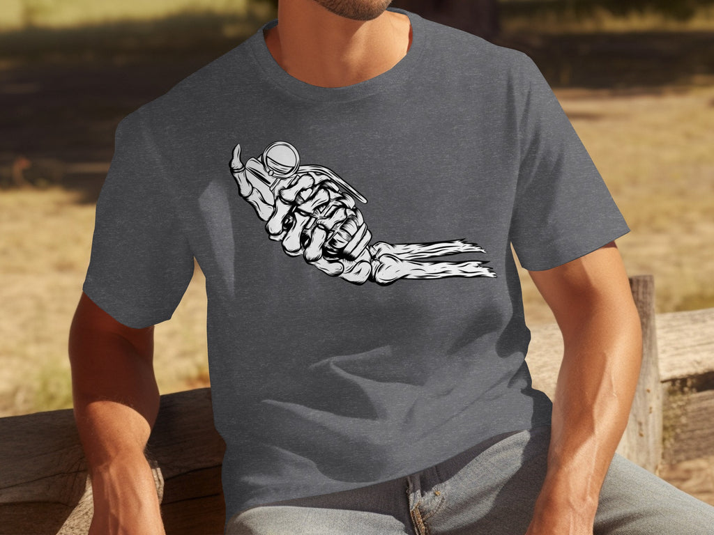 Dark gray t-shirt with a black and white graphic of a skeleton hand holding a grenade.