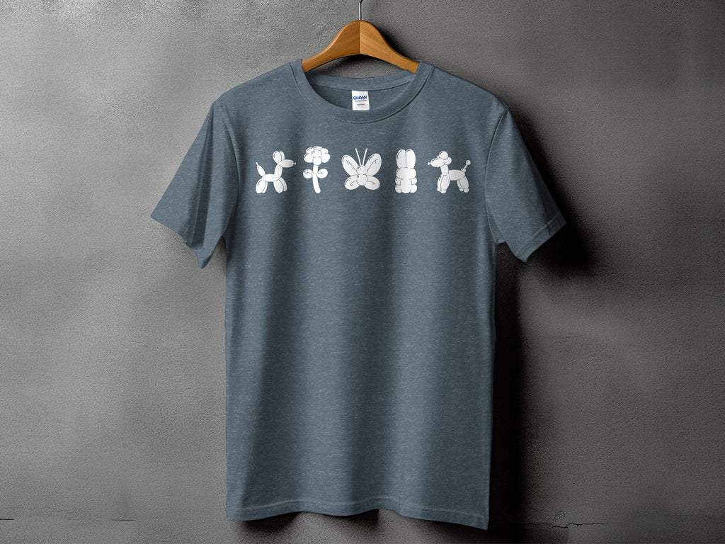 Blue t-shirt with white balloon animals: dog, flower, butterfly, bunny, dog.